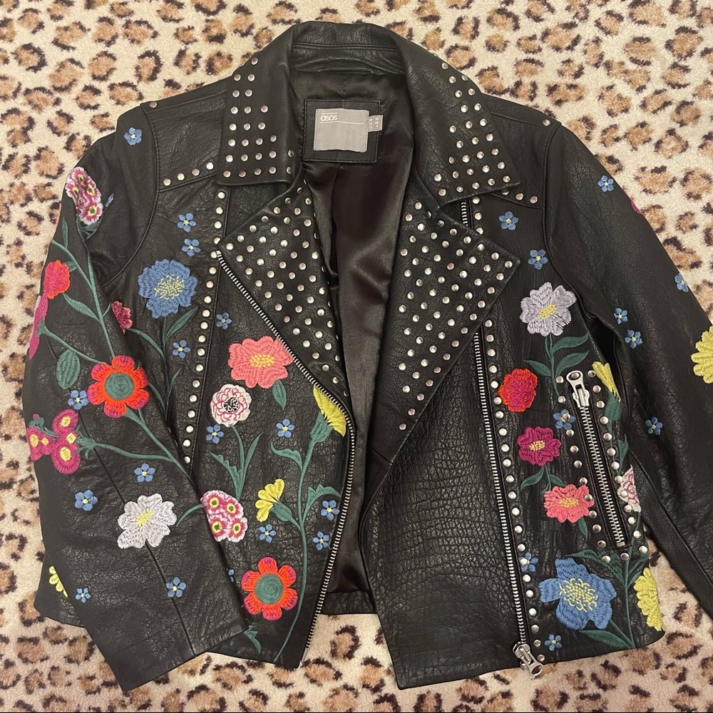 ASOS Leather Jacket with Embroidered Flowers